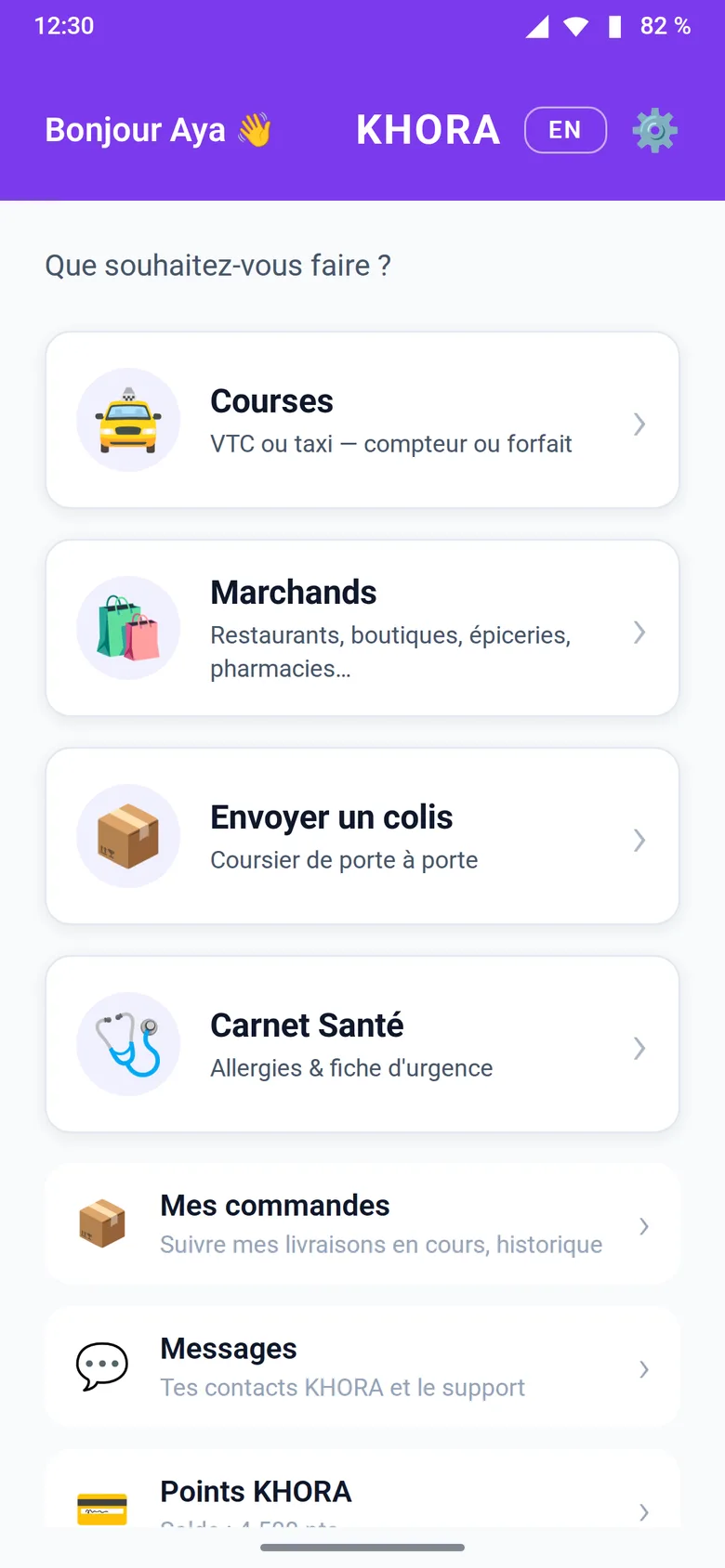 Écran d'accueil de l'app KHORA : courses, marchands, colis, carnet santé